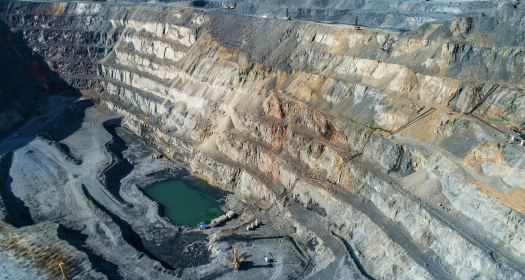 Open-pit mining of minerals in Russia, Siberia, shot from an aerial view.