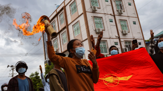 People of Myanmar protest calling for freedom and release of Myanmar's ousted civilian leader Aung San Suu Kyi, against a military coup in Mandalay, Myanmar, on July 18.2021