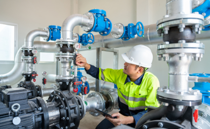 Photo of worker checking pipes at water facility