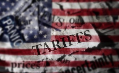 Tariffs news headlines over an American flag