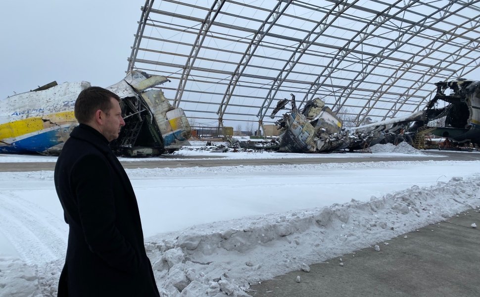 Estonian Secretary General for the Ministry of Foreign Affairs Jonatan Vseviov surveys damage from Russian military attacks at Antonov Airport in Hostomel, Kyiv Oblast, Ukraine