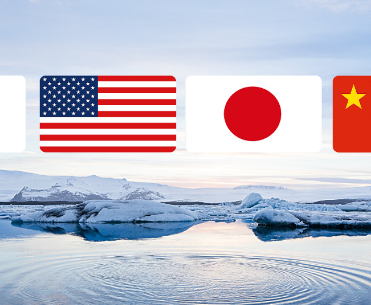 Photo of Arctic overlaid with flags of Japan, USA, China and South Korea